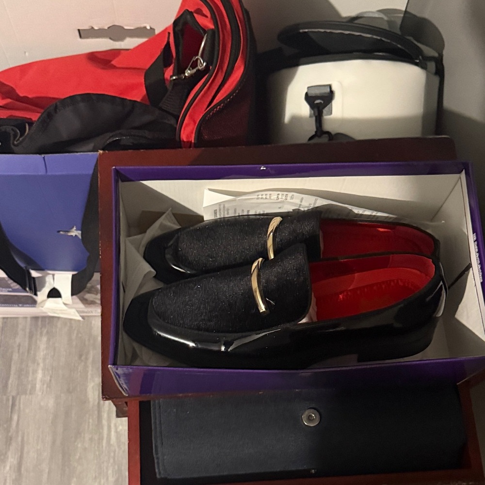 Black and Red Loafers with Gold Accents
